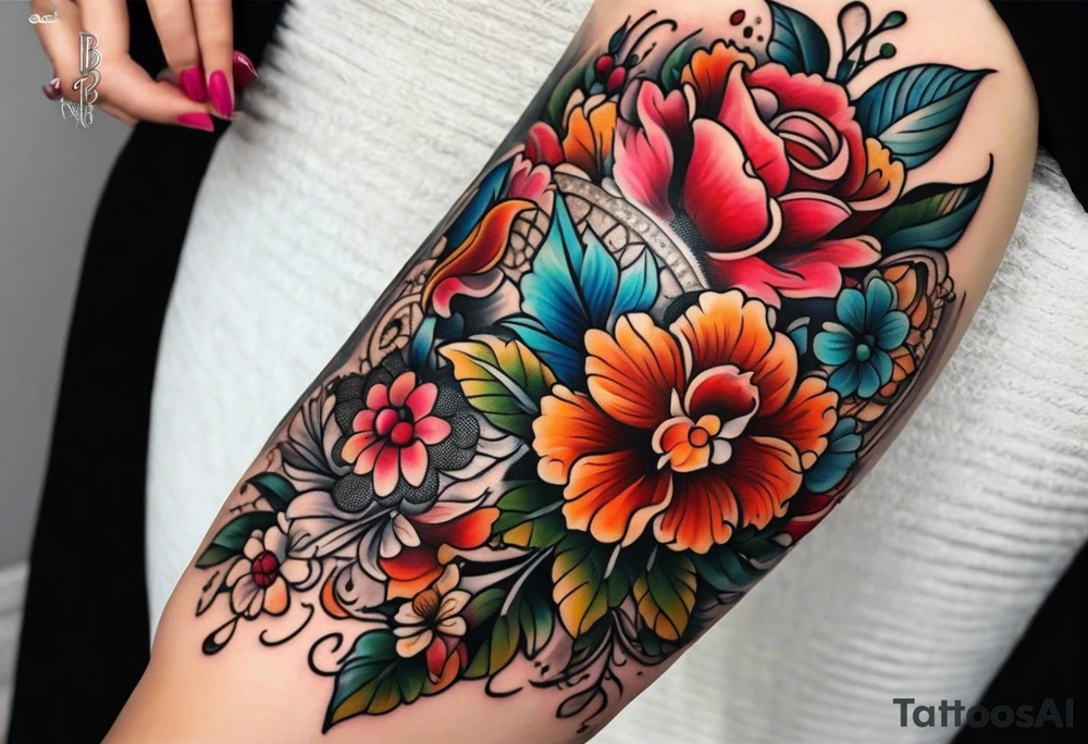 Floral leg piece with beading and lace tattoo idea. colorful, old school flowers, highly detailed, florals. white background tattoo idea