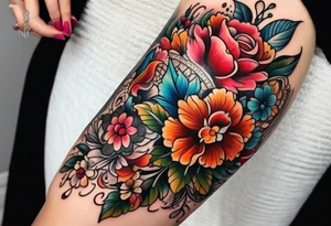 Floral leg piece with beading and lace tattoo idea. colorful, old school flowers, highly detailed, florals. white background tattoo idea