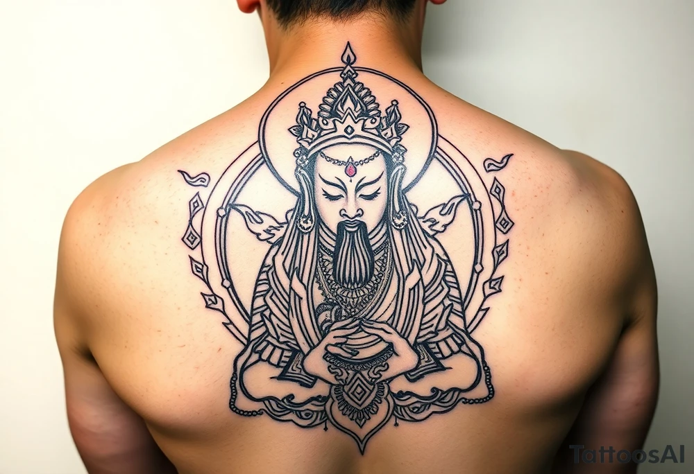 "Tibetan thangka tattoo but deity is a crypto wallet with QR face. Geometric patterns, black/red ink." tattoo idea