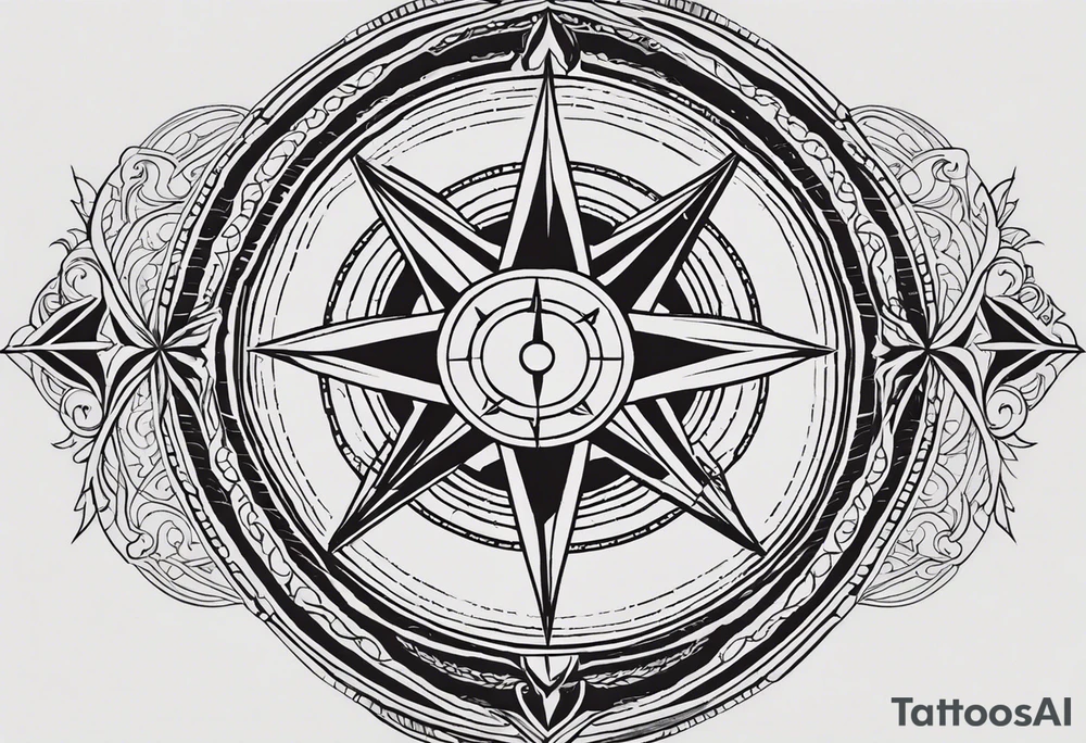 Design a tattoo in a Geometric style featuring a compass as the central element. The compass should have intricate, symmetrical geometric patterns within its structure, such as interlocking lines or triangular engravings. Behind the compass, include a bold, tilted scar running diagonally, with slightly jagged edges and natural tapering at both ends. The scar should integrate seamlessly into the geometric design without overpowering it. Use sharp, clean lines and focus on symmetry, avoiding heavy shading or background elements. tattoo idea