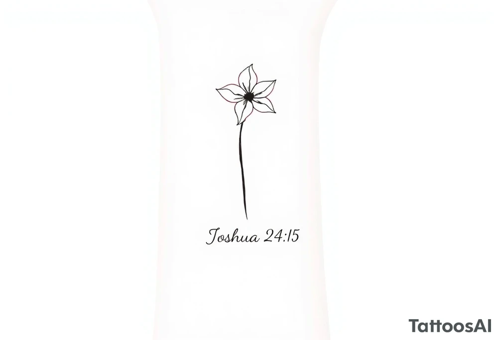 Narcissus flower at the top, drawn in single-needle fine line

Slim stem flowing naturally downward



“Joshua 24:15” sits underneath in tiny, clean lettering

Vertical flow = elegant, feminine, and perfectly suited to the inner wrist

Overall height: ~5–7 cm (subtle, timeless, not heavy) tattoo idea