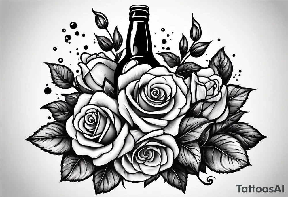 A bottle of beer and a stalk of rose in the bucket tattoo idea