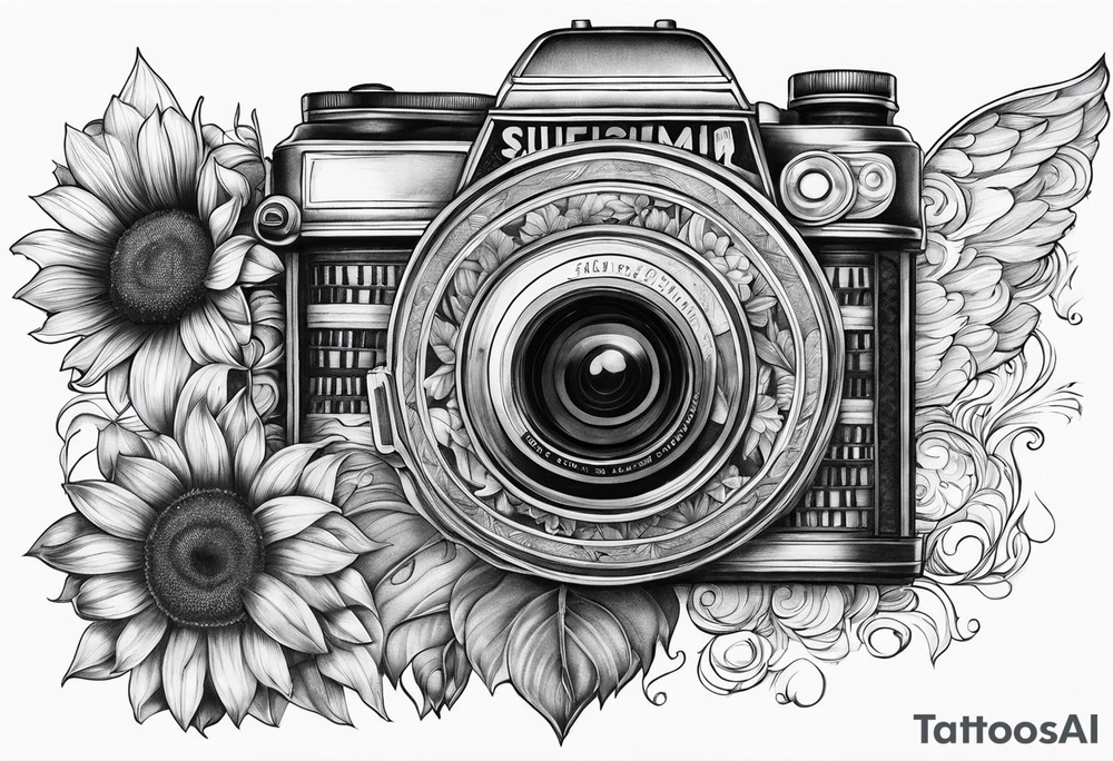 sunflower, camera, water wave, owl, book tattoo idea