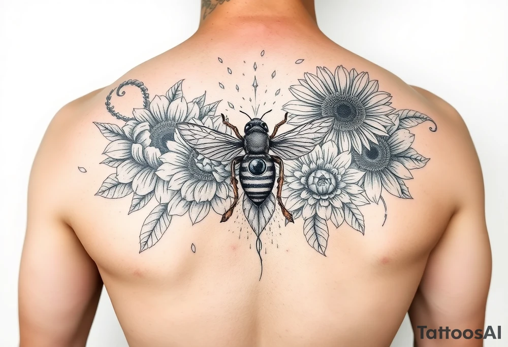 Create a design full sleeve tattoos with Tulip 
Sunflower 
Roses 
Bee 
Water 
Fire 
Earth 
Wind 
Phoenix 
Evil eye 
888 tattoo idea