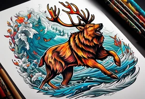 Hunter hunting deer being chased by a bear tattoo idea