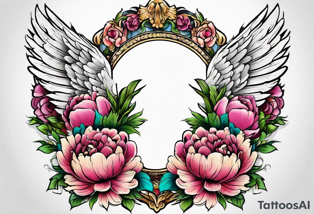 beautiful angel wings with colorful, peonies. beautiful flilligree in the background , full color, traditional old school , white background tattoo idea