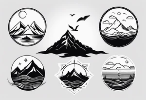 i want two different tattoos next to each other in a matching sytle. one is going to be about a sea/beach at sunset and the second one is mountains with sunrise. All going to be black and white. tattoo idea