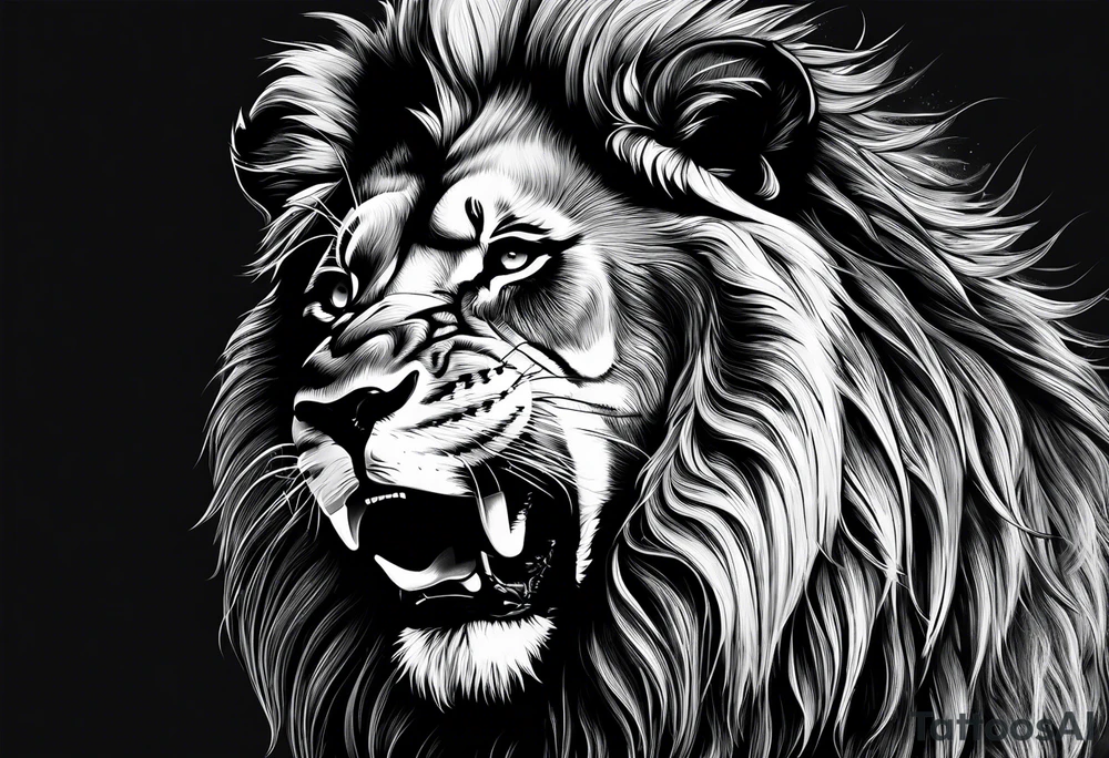 A roaring lion’s face with a flowing mane, emphasizing strength and courage, detailed fur textures tattoo idea