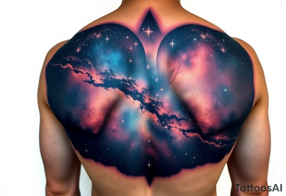 Beautiful and epic 3d milky way that appears to be what is beneath the skin. Make it drape over the shoulder and move to the middle back. use negative spaces to create stars and dust. Keep it symmetrical and focus on the beauty of space tattoo idea