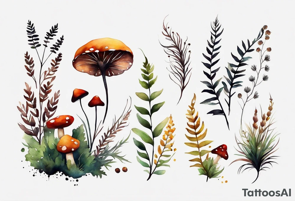 forest floor inspired minimalist tattoo, which includes grass, curly ferns, moss and dead leaves as the bulk of the tattoo. details to include: forest berries, a tiny bumblebee flying nearby, three small brown mushrooms
Generate a vertically long one tattoo idea