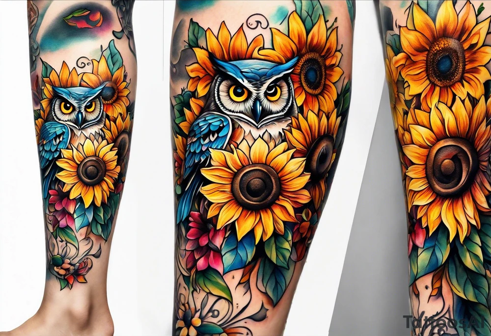 Leg sleeve with colorful sunflowers and an owl tattoo idea