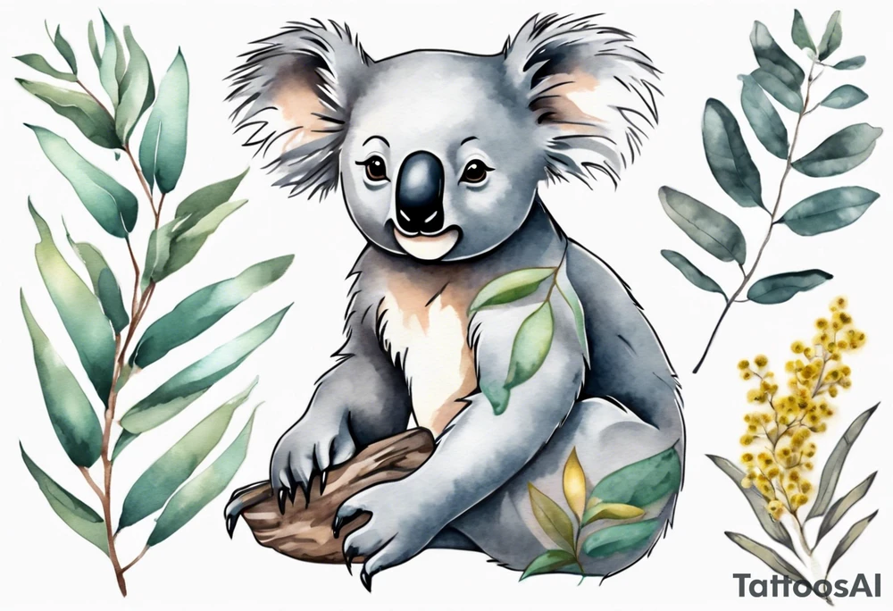 Cartoon koala sitting on wattle and eucalyptus leaves tattoo idea
