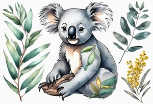 Cartoon koala sitting on wattle and eucalyptus leaves tattoo idea