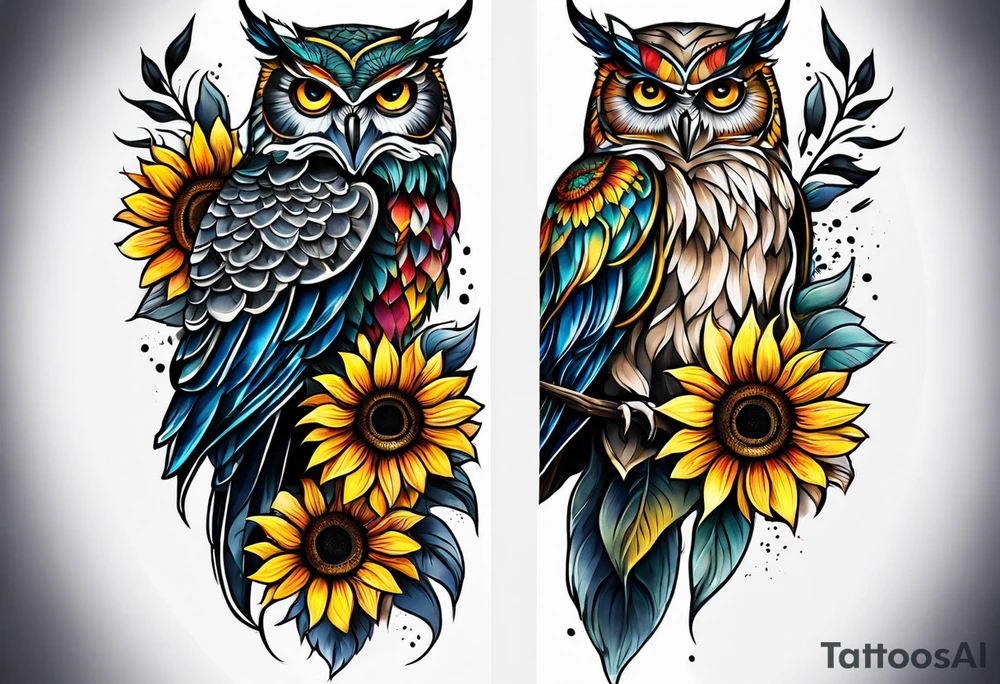 Leg sleeve with colorful sunflowers and an owl tattoo idea