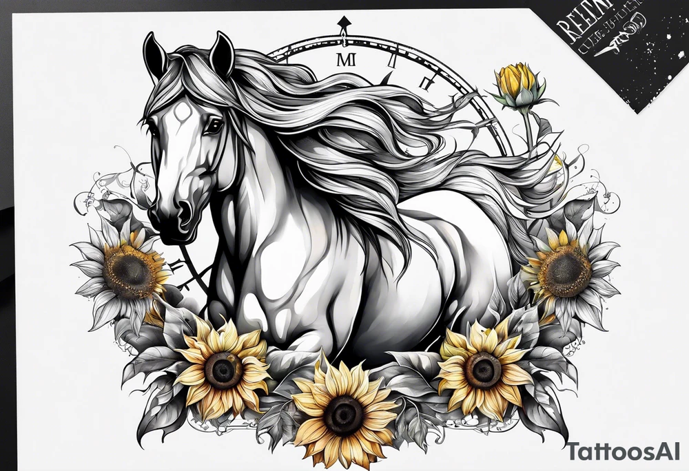 Horse, compass, sunflower tattoo idea
