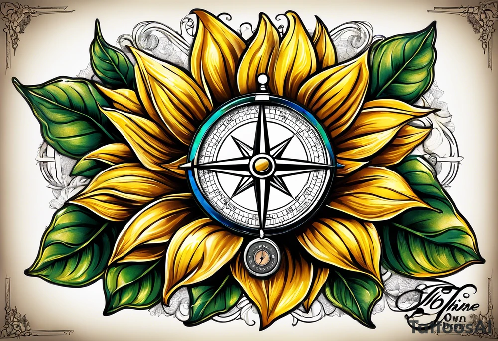 Sunflower and a compass, with the words "To Thine Own Self Be True" tattoo idea