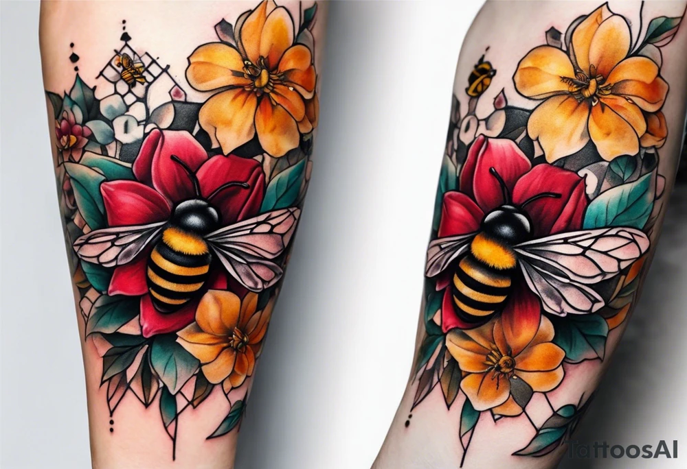 A forearm tattoo of a ruby gemstone and a honey bee tattoo idea