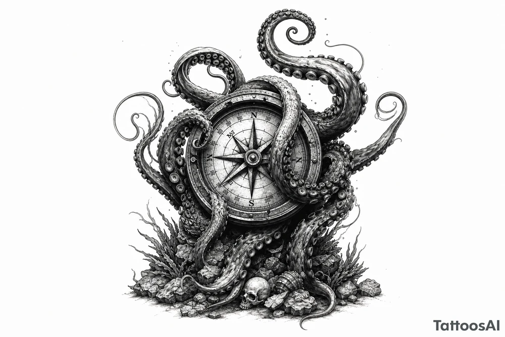 A kraken's tentacles coiling around a nautical compass on a dark ocean floor. tattoo idea