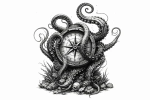 A kraken's tentacles coiling around a nautical compass on a dark ocean floor. tattoo idea