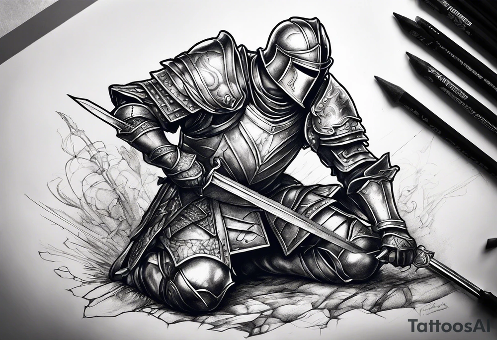 Wounded knight on his two knees in battlefield tattoo idea