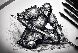 Wounded knight on his two knees in battlefield tattoo idea