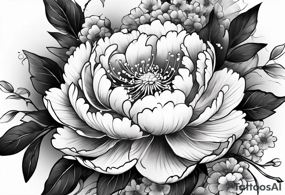 Japanese Floral peony water sleeve black and white tattoo idea