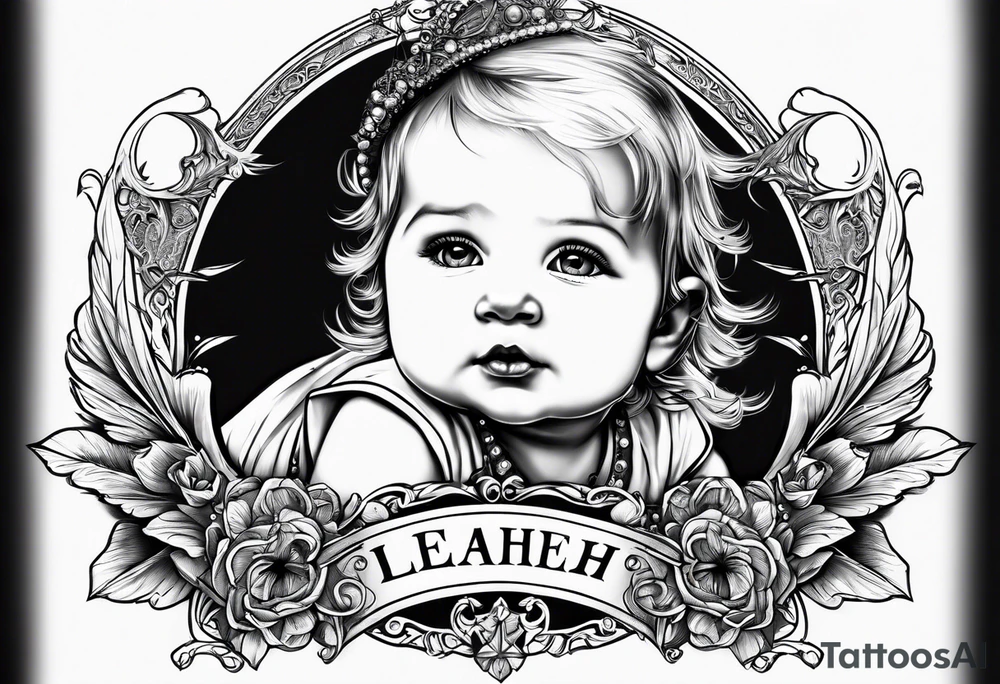 baby with one angel Name Leah written under in gothic letters. tattoo idea