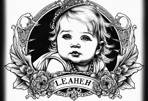 baby with one angel Name Leah written under in gothic letters. tattoo idea