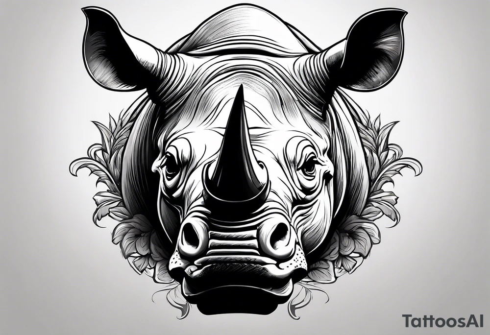 A front-facing rhino head with a sharp elongated tusk that appears angry and fierce tattoo idea