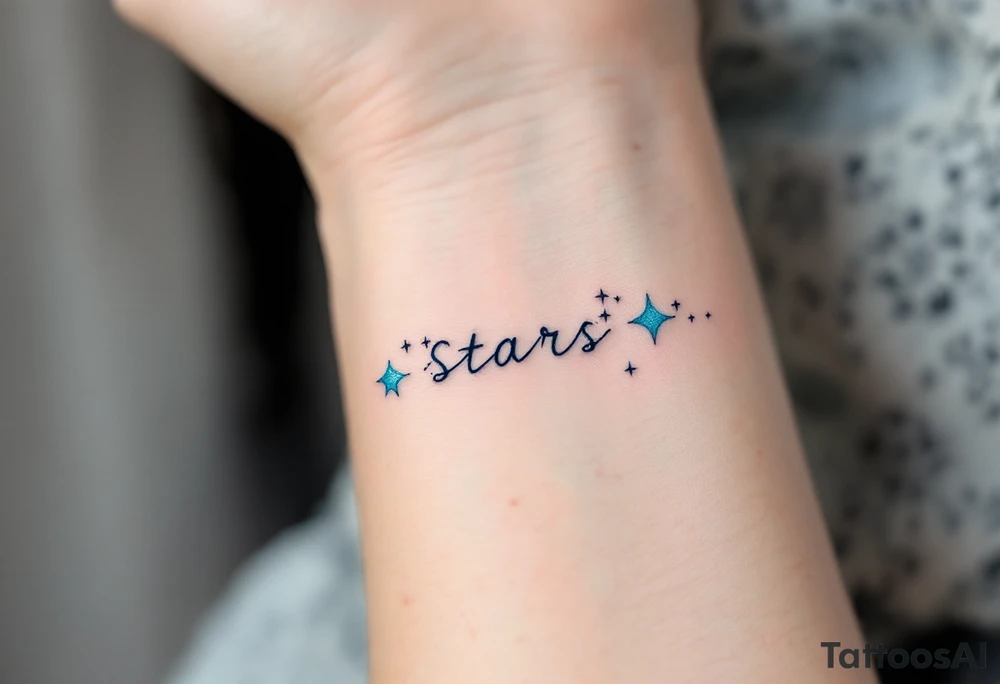 A quote in icy blue ink crosses the wrist with a constellation pattern forming the final word: Stars. tattoo idea