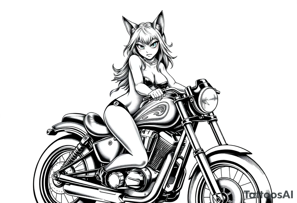 naked catgirl on motorcycle, slut, angry, leather tattoo idea
