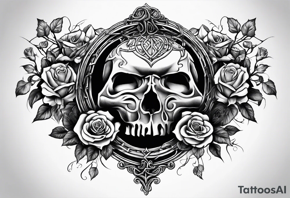 tattoo fool sleeve, old broken gothic castle, broken sword, tree roots break out of the chains, roses tattoo idea