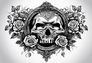 tattoo fool sleeve, old broken gothic castle, broken sword, tree roots break out of the chains, roses tattoo idea