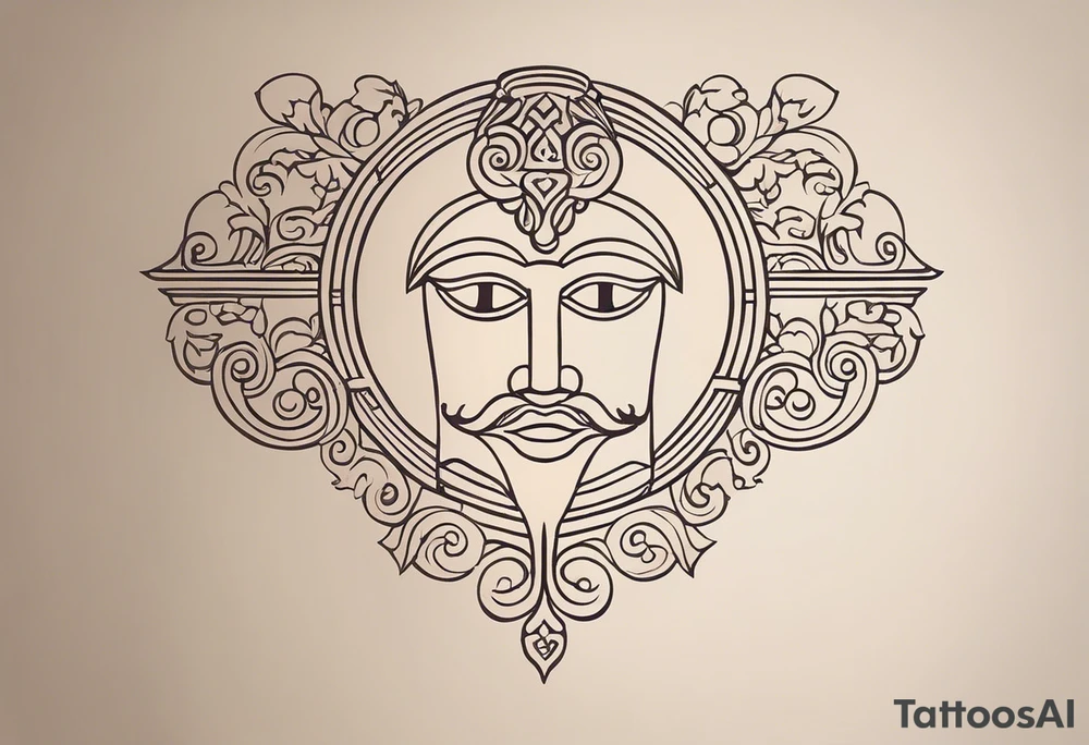 "Craft a minimalist tattoo design in the style of ancient Greek art, featuring Dionysus with his affection for theater. Depict Dionysus in a simplified yet elegant form, reminiscent of classical Greek sculpture, holding a theatrical mask and a goblet of wine. Surround him with subtle geometric patterns or motifs inspired by ancient Greek pottery, such as meanders or key patterns. Ensure the design maintains a minimalist aesthetic while incorporating elements that evoke the sophistication and timelessness of Greek art, capturing Dionysus's connection to both wine and theater in a visually striking manner." tattoo idea