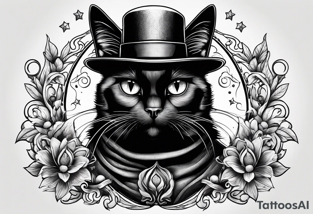 Black cat with a funny hat and sweater tattoo idea