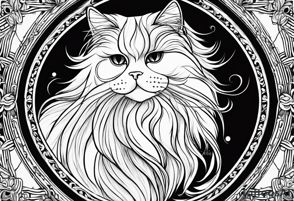 Generate a tattoo design of a long-haired Persian cat with soft, flowing lines, highlighting its luxurious fur in a minimalist style. tattoo idea