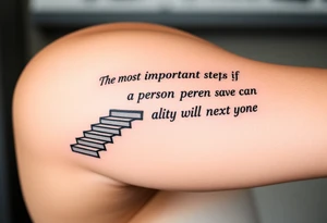Design a tattoo for the outer arm using the phrase “the most important step a person can take is always the next one” with a geometric path or staircase tattoo idea