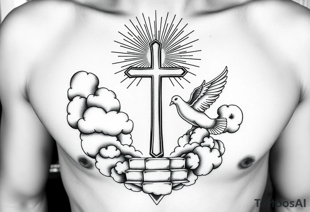 Vorrei un tatuaggio sull'avambraccio con un design principale composto da un portale aperto tra le nuvole, con una scalinata che conduce verso di esso. Sopra il portale vorrei una croce dal design elegante, circondata da raggi di luce che si diffondono in modo radiante. Infine, desidero una colomba del lutto in volo (mourning dove), simbolo di pace e rinascita, inserita armoniosamente nella composizione. L'idea generale è trasmettere spiritualità, speranza e un senso di elevazione. tattoo idea
