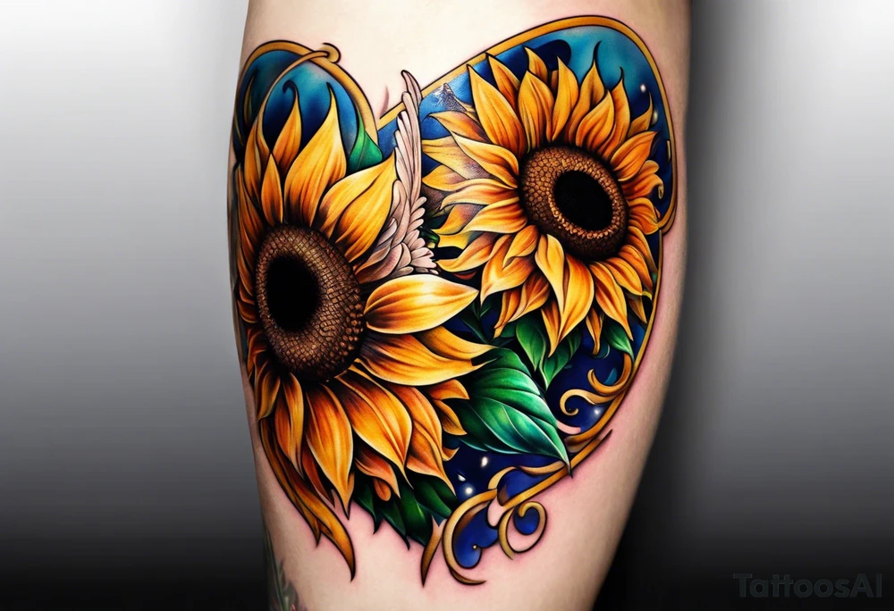 Sunflowers and angel wings leg sleeve tattoo idea