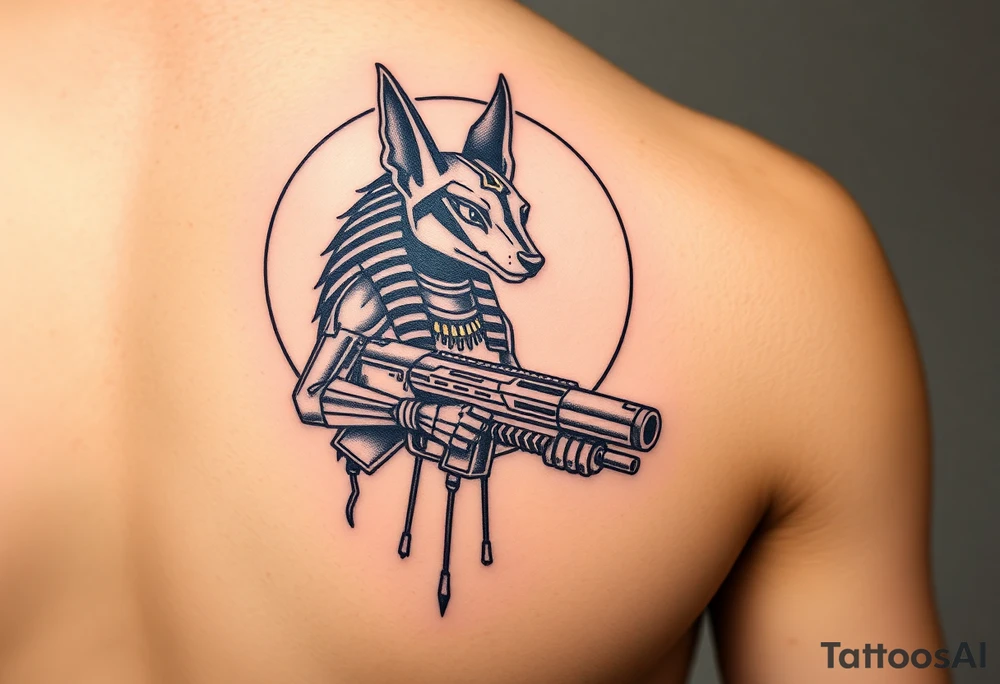 "Anubis in a ufo, holding a tommy gun. His jackal head is half-cyborg (exposed circuits). Hieroglyph background spells 'BTC TO THE MOON'.  

Style: Art Deco meets cyber-Egyptian. Black/red/gold ink. Forearm sleeve." tattoo idea
