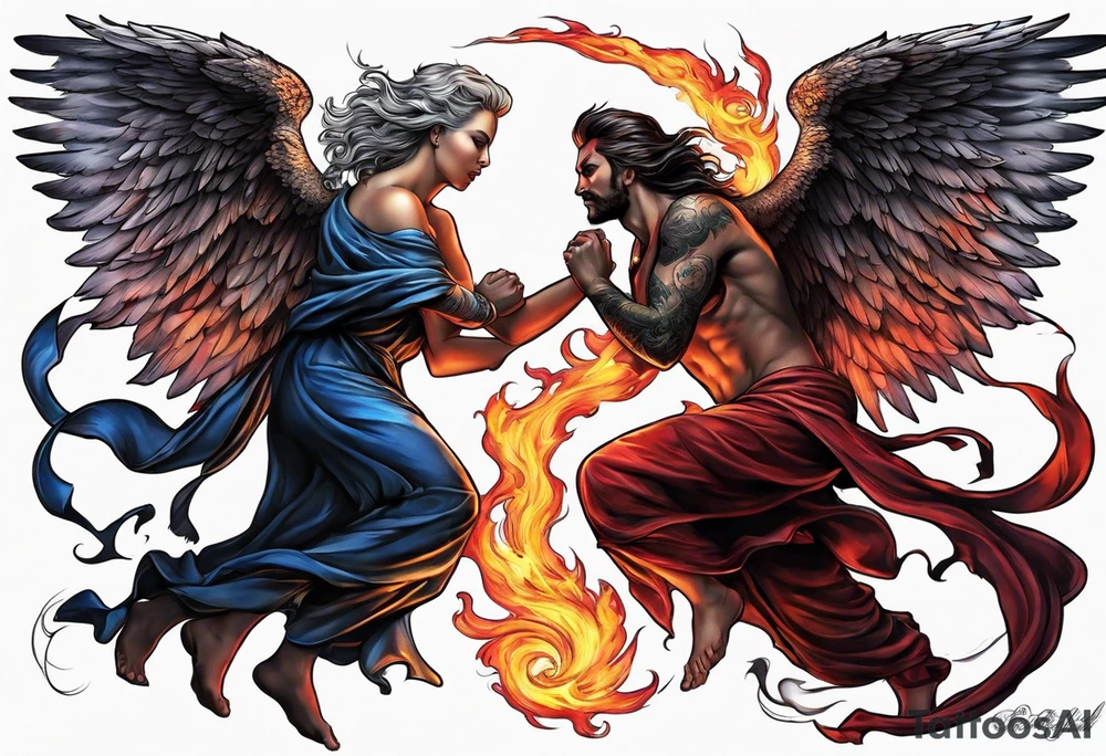 Angel and Devil fighting back tattoo design tattoo idea