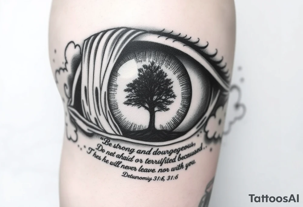 Realistic Eyeball with waterfall flowing out of it and under have a tree and under that have the verse Be strong and courageous. Do not be afraid or terrified
because of them, for the Lord your God goes with you; he will never leave you nor forsake you." Deuteronomy 31:6  and clouds around the tattoo tattoo idea