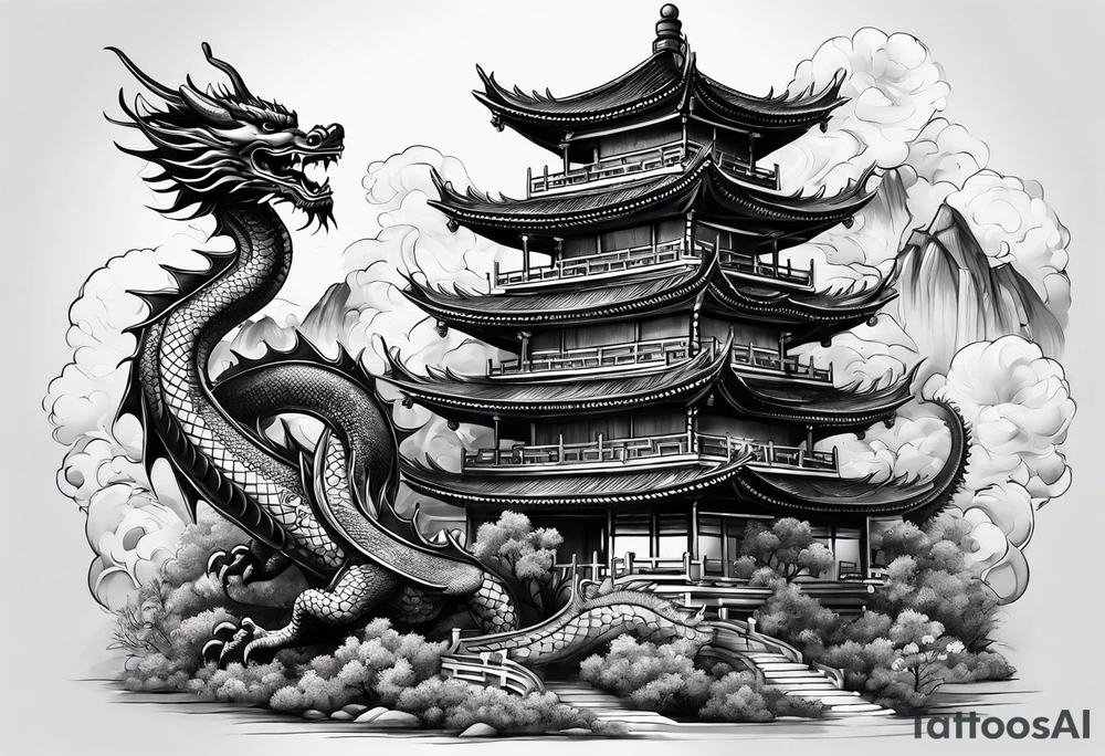 pagoda and dragon around it tattoo idea