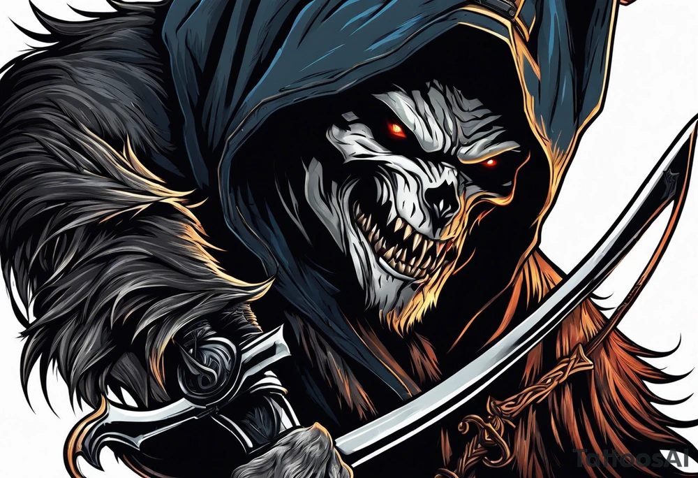 A werewolf face that is the grim reaper holding a scythe tattoo idea