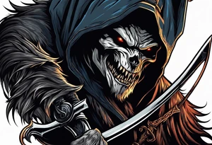 A werewolf face that is the grim reaper holding a scythe tattoo idea