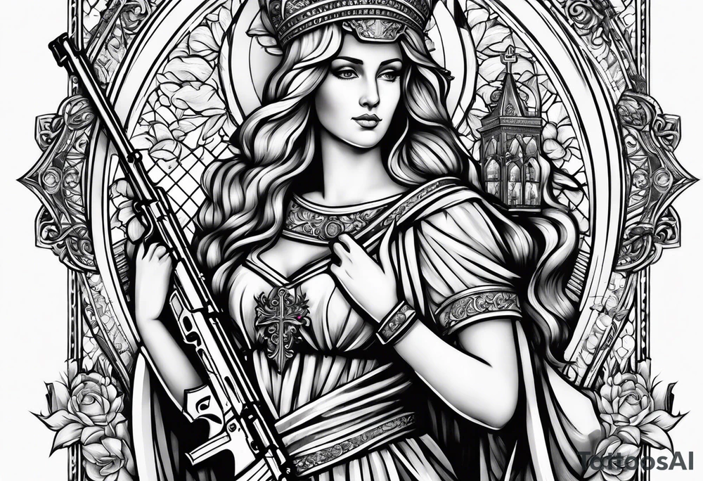 Saint Barbara with AK47 rifle tattoo idea