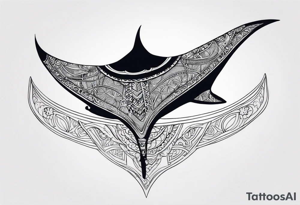 Tattoo sketch of manta ray in outline, without shadows and background, made of sacred ornament, minimalistic Polynesian tattoo design, without thick lines and dark spots, while maintaining the shape of Manta Ray tattoo idea