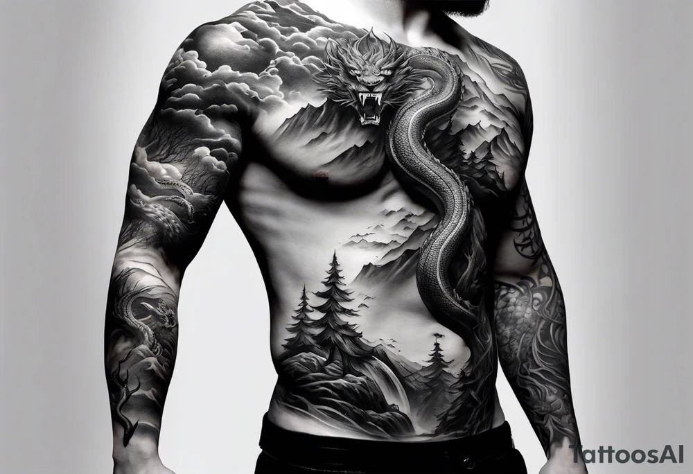 Full arm sleeve, tree going up to shoulder dead tree going down to wrist, wrapped in a serpent moving down with mountain, water, and demonic elements tattoo idea