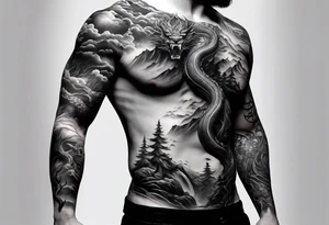 Full arm sleeve, tree going up to shoulder dead tree going down to wrist, wrapped in a serpent moving down with mountain, water, and demonic elements tattoo idea