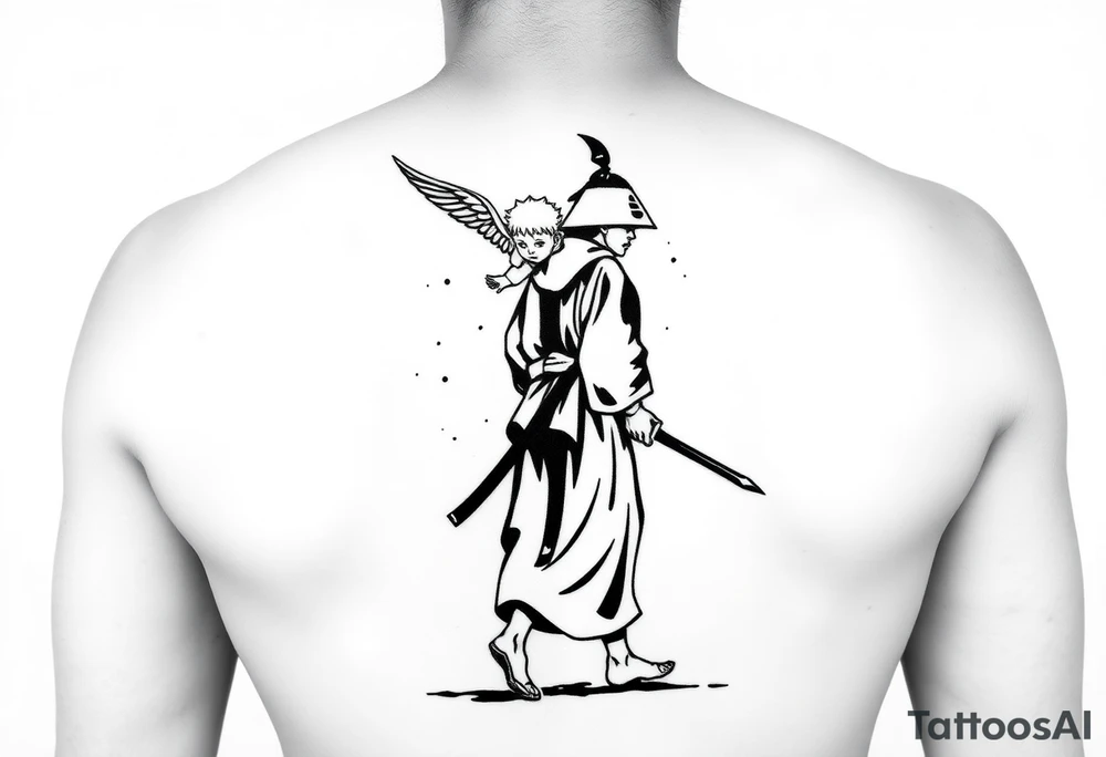 "Blackwork tattoo sketch of a lone samurai walking forward, shown in dramatic silhouette style. The samurai wears traditional kimono and hakama, holding a katana in one hand with the blade pointing downward. Behind him floats a small child angel with detailed feathered wings, gently touching the samurai’s back with one hand, as if stopping or guiding him. Strong contrast, dynamic ink splatter, rough brush strokes, Japanese sumi-e vibe, emotional and symbolic composition, high detail linework, no background." tattoo idea